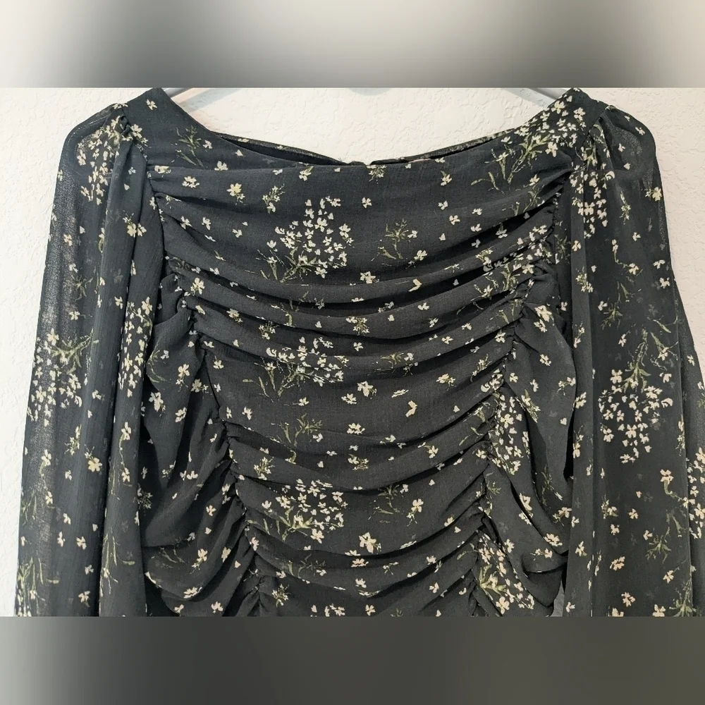 Free People Black Ditsy Floral Chiffon Puff Sleeve Open Back Top Bohemian Boho
